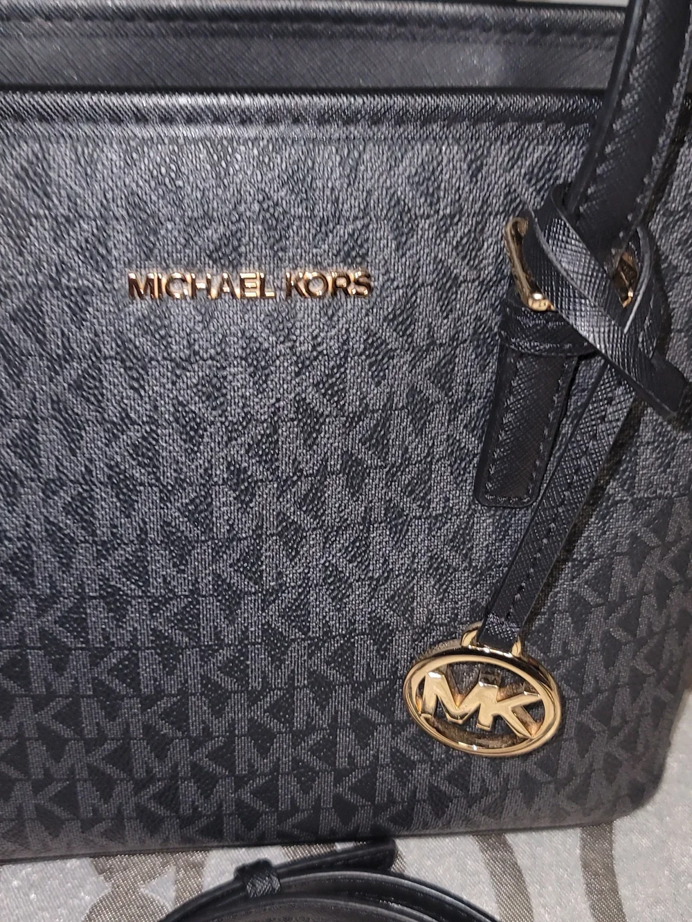 Michael Kors Black MK Logo Tote with Gold Accent Charm - Picture 2 of 7